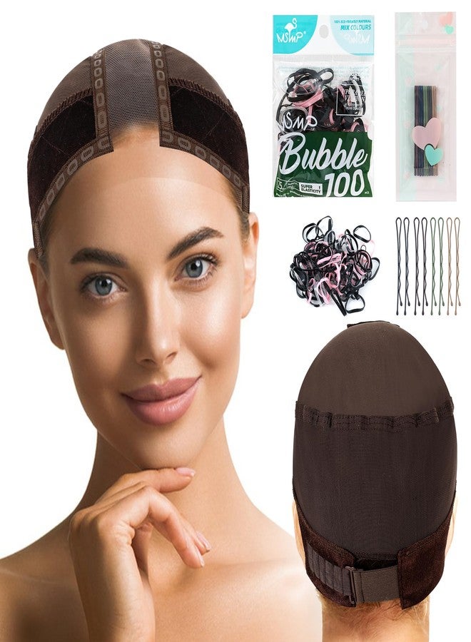 Qeedy Wig Caps for Women Non Slip with Elastic Bands and Bobby Pins - All-in-1 Wig Cap for Lace Front Wigs - Stretchy Nylon Dome Cap for Daily Use and Cosplay - Breathable Wig Accessories Set (Brown) - Image 1